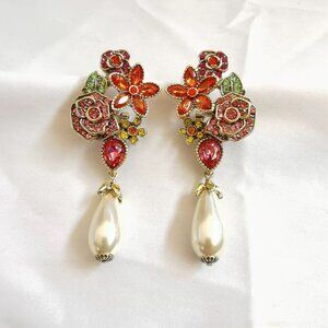 Heidi Daus Flower Pearl Crystal Dangle Earrings